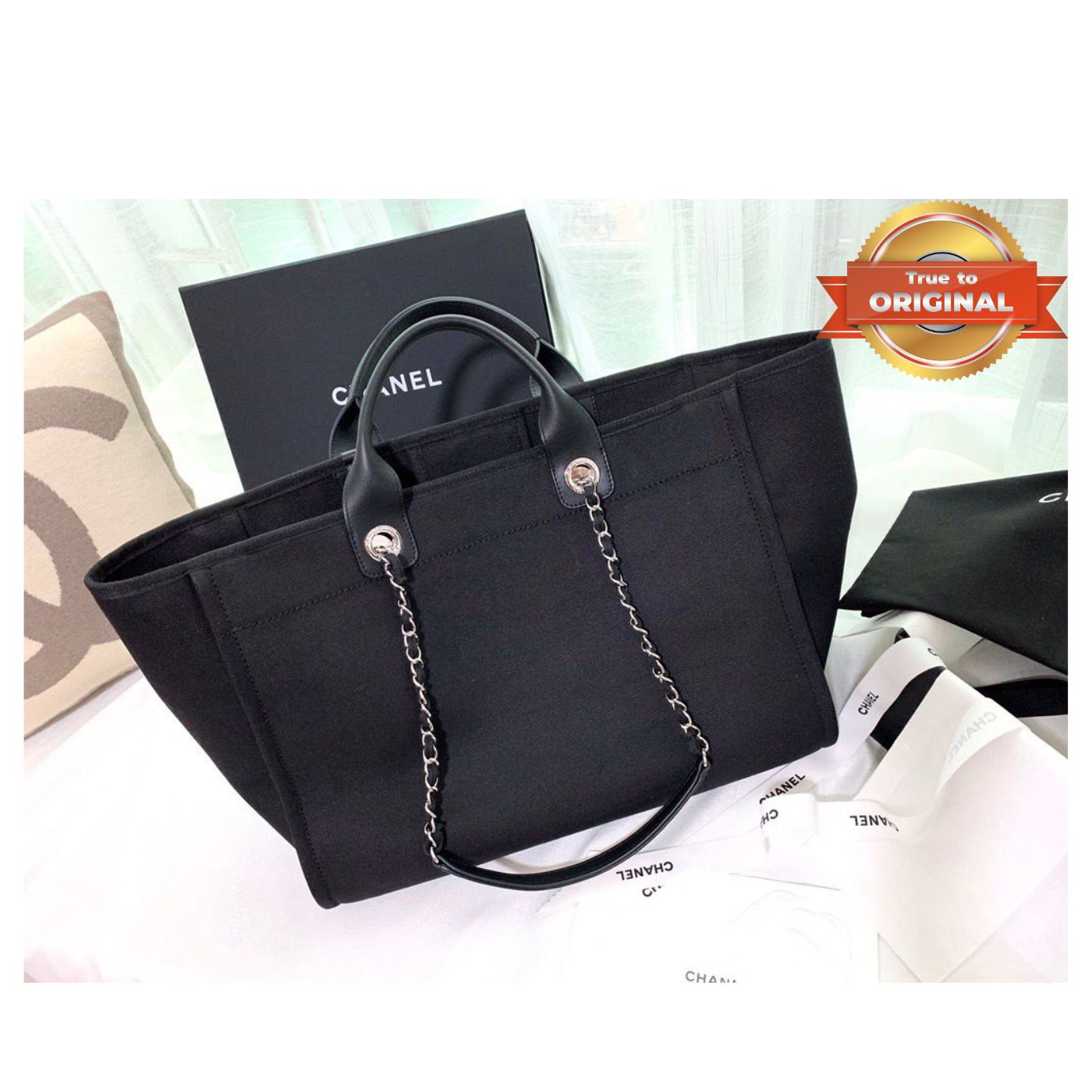 [True-to-ORIGINAL] Chanel Large Deauville Pearl Tote Bag Black For Women 15in/38cm